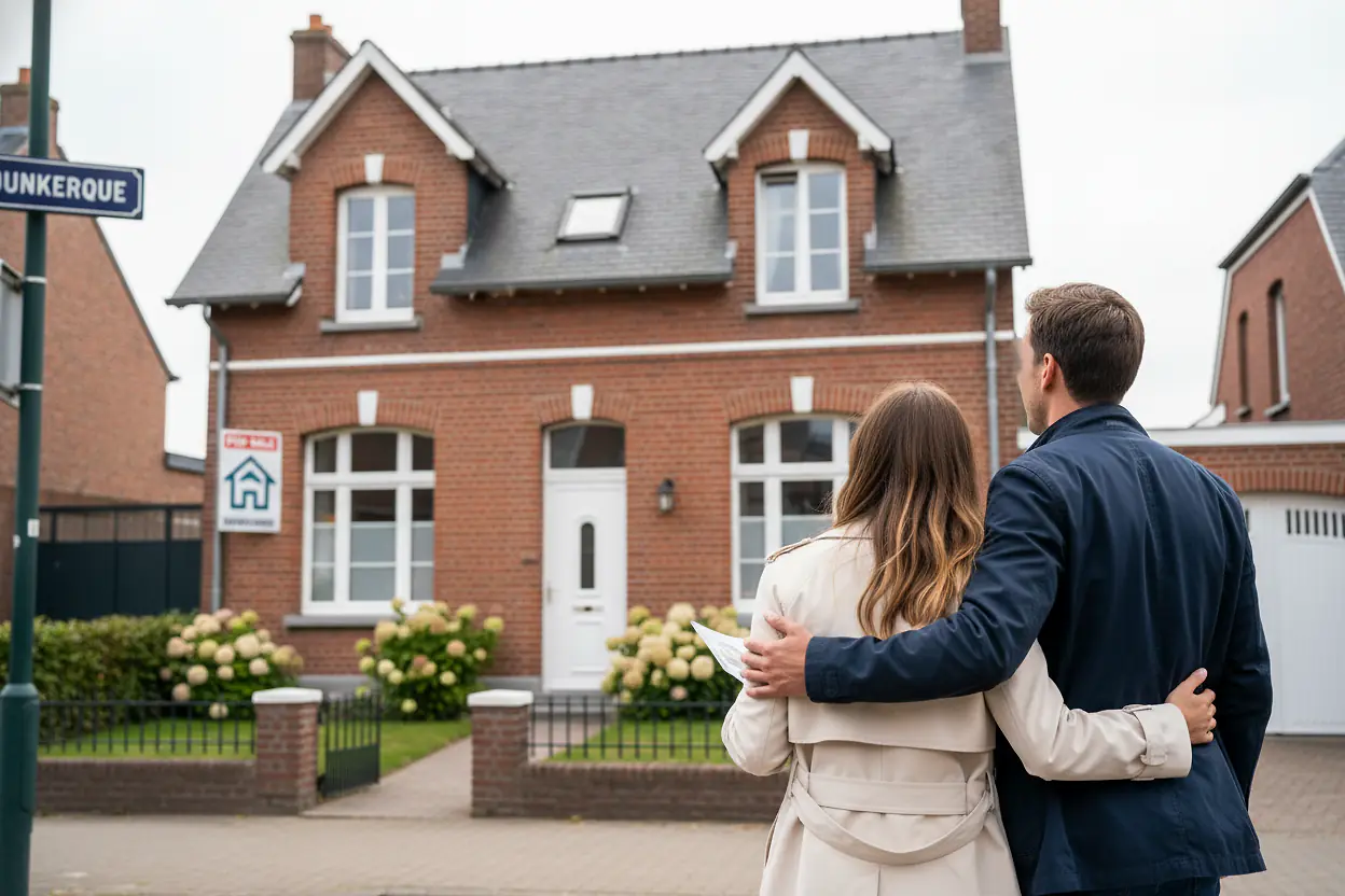 Couple vu de dos visitant une maison en brique rouge à acheter à Dunkerque
