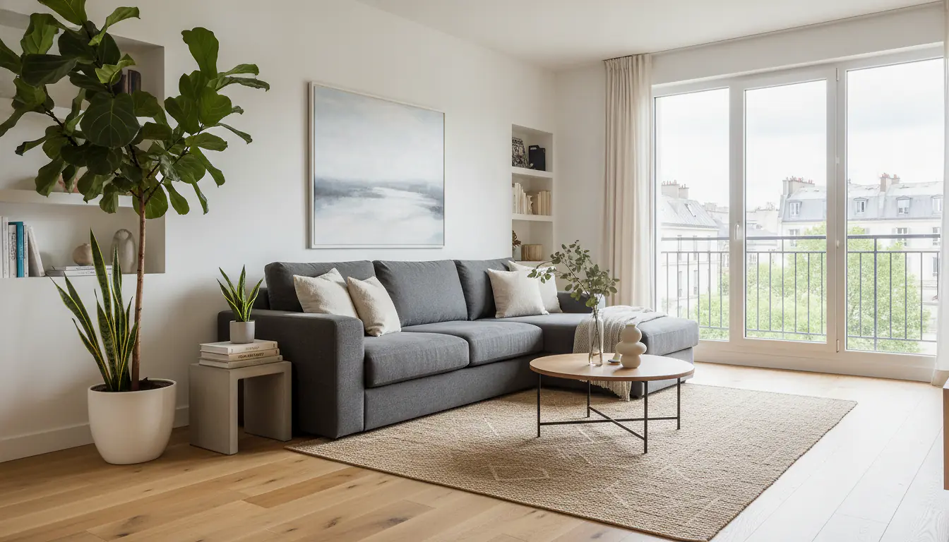 Salon moderne d'un appartement français avec parquet en bois clair, grande fenêtre lumineuse et décoration épurée