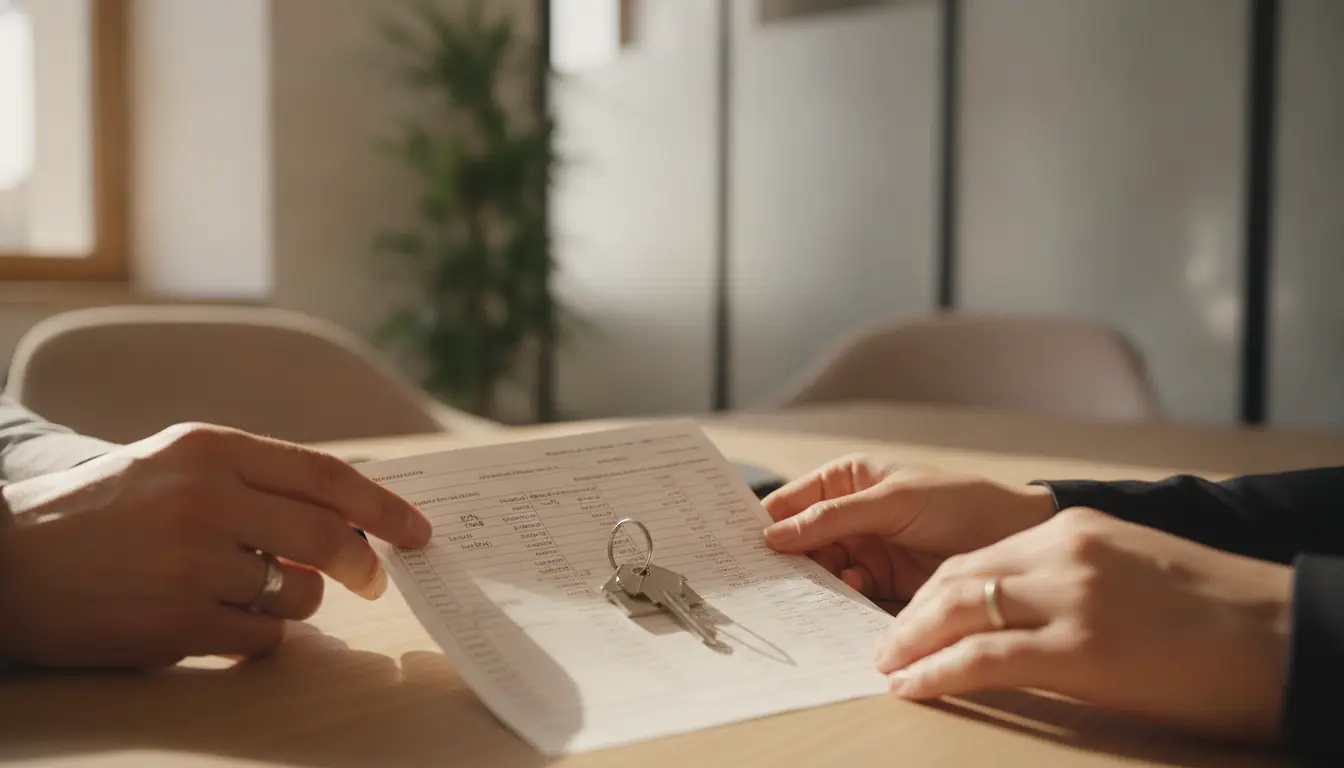 Bureau de notaire avec calculatrice et clé de maison lors d'une vente immobilière