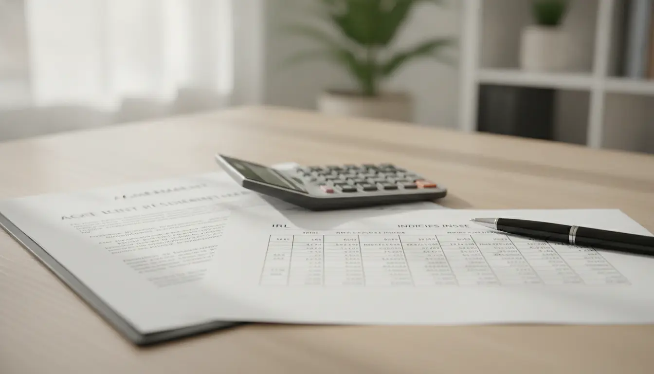 Bureau immobilier avec contrat de bail, calculatrice et tableau de chiffres IRL posés sur un plan de travail en bois clair