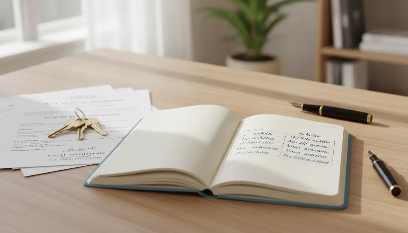 Tableau de conjugaison manuscrit du verbe acheter au présent posé sur des documents immobiliers