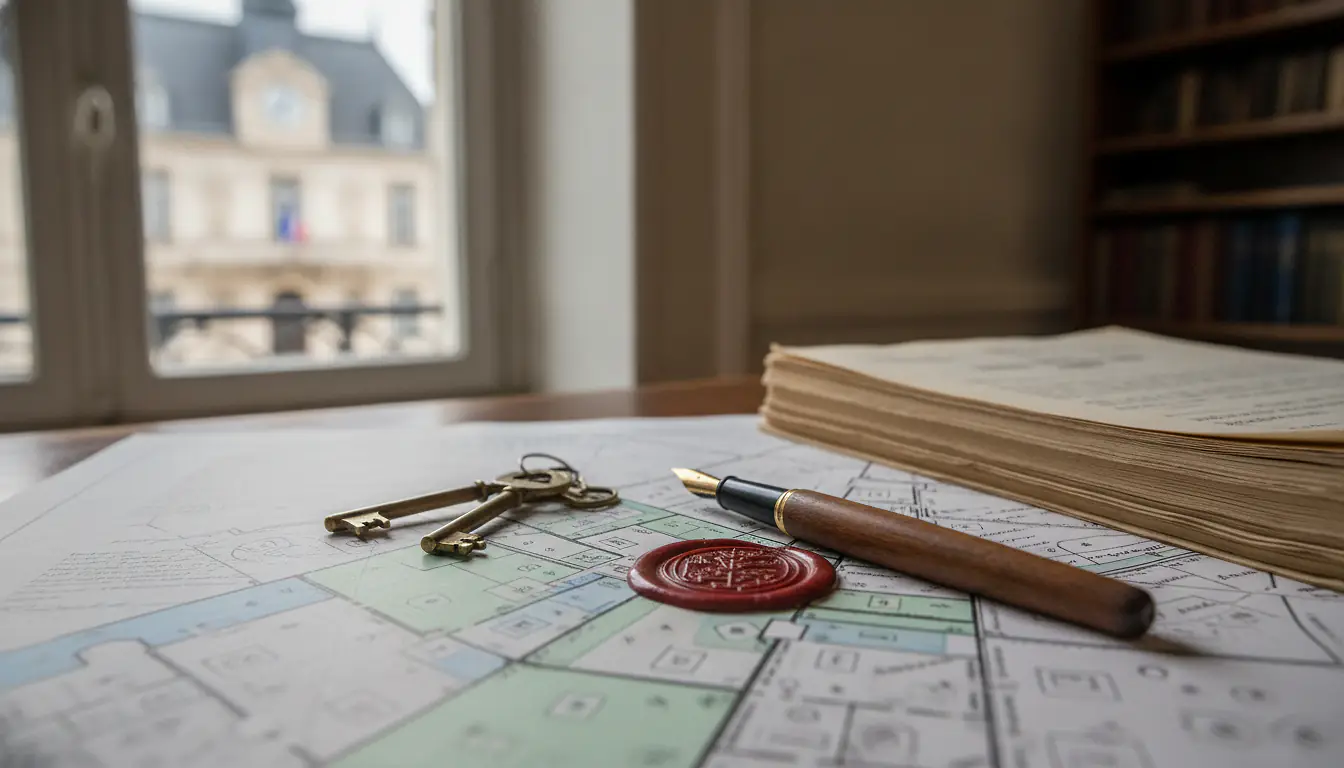 Bureau de notaire avec plan cadastral, clés de maison et documents officiels, façade de mairie en arrière-plan