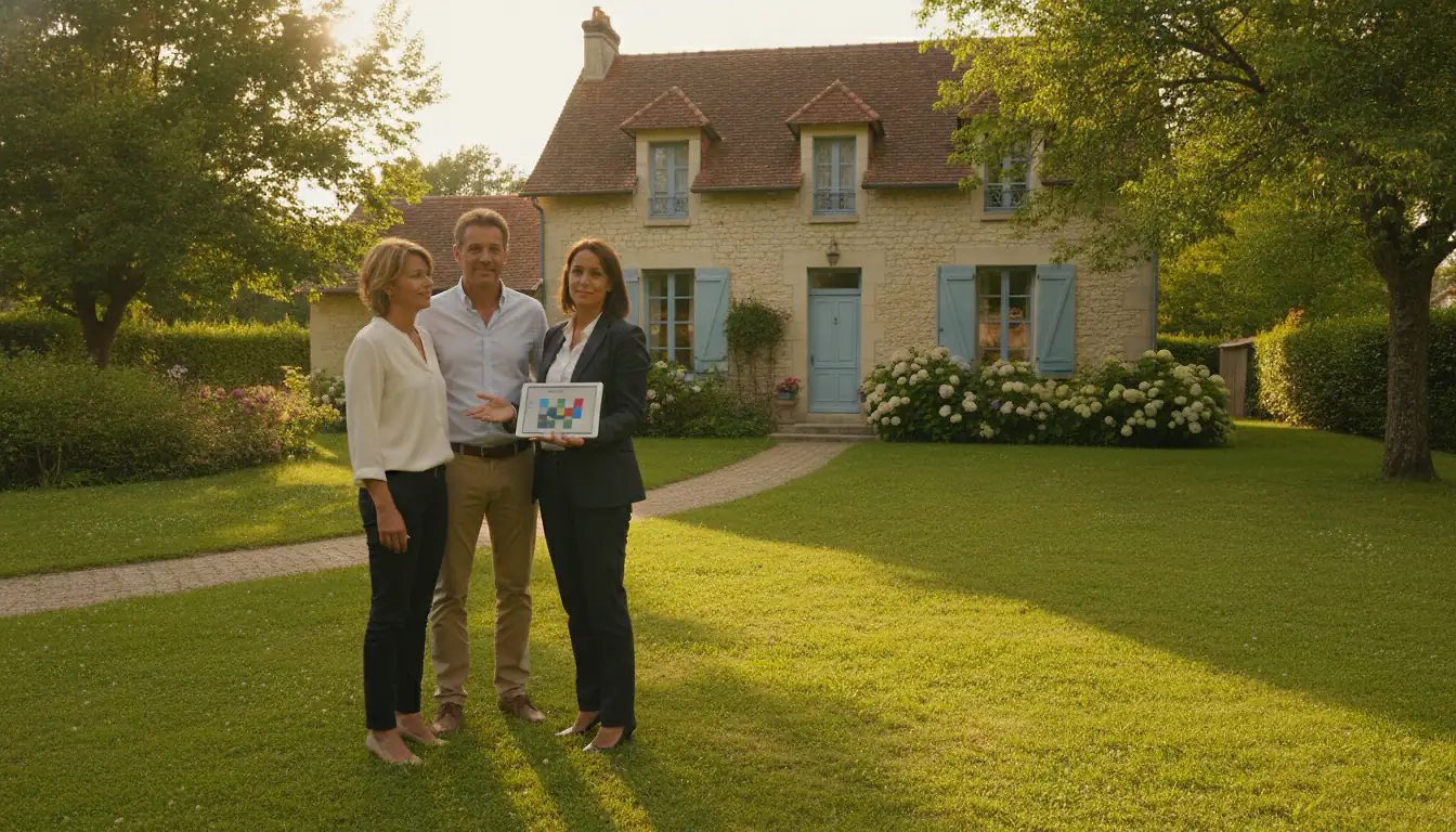 Agent immobilier et propriétaires devant une maison avec jardin, tablette affichant une estimation de prix