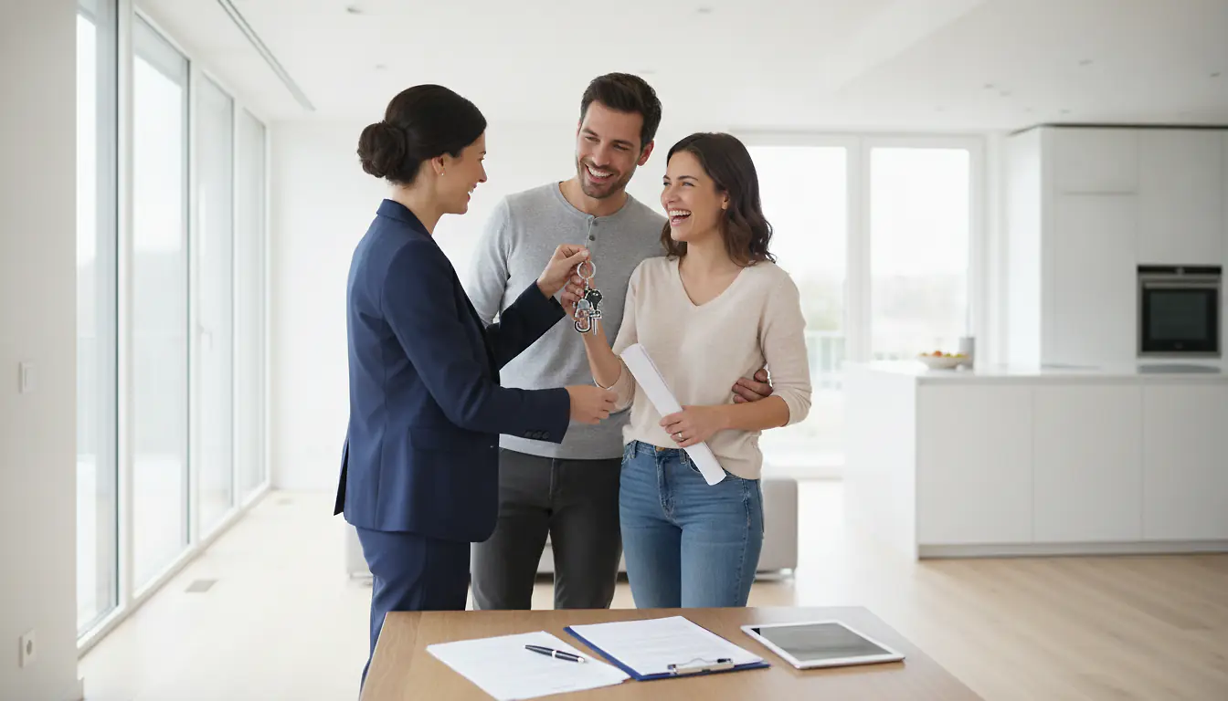 Agent immobilier remettant des clés à un couple lors de la signature d'un acte de vente