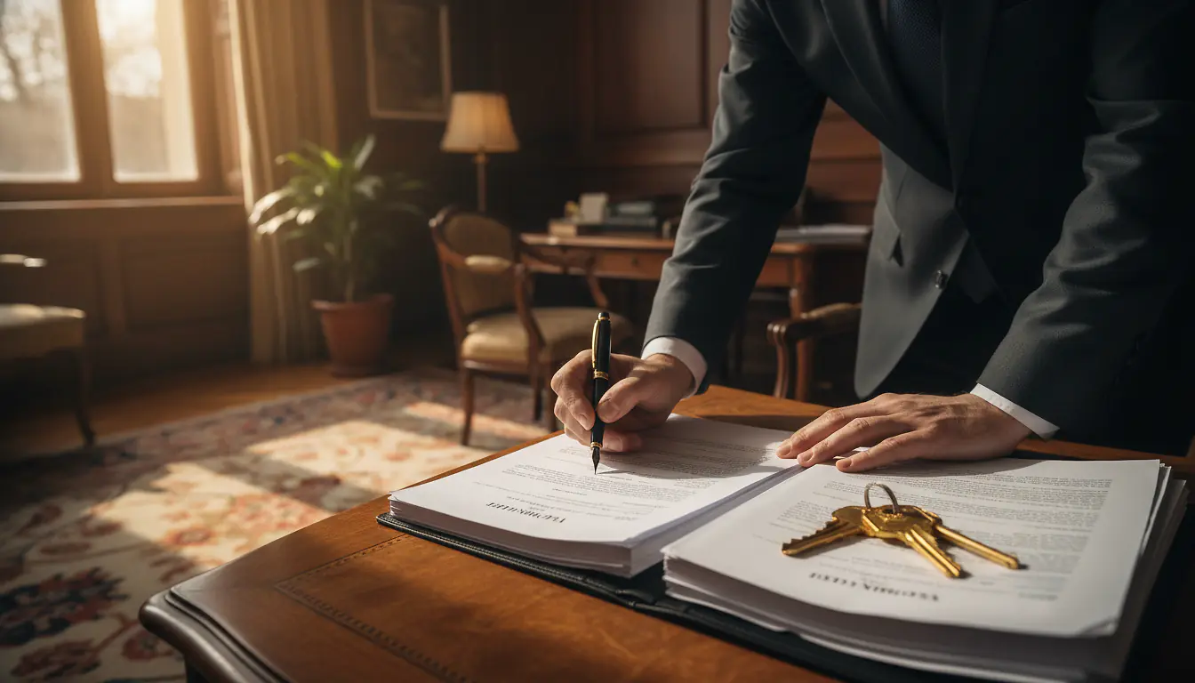 Acte notarié et clés d'appartement sur un bureau de notaire, scène de signature immobilière
