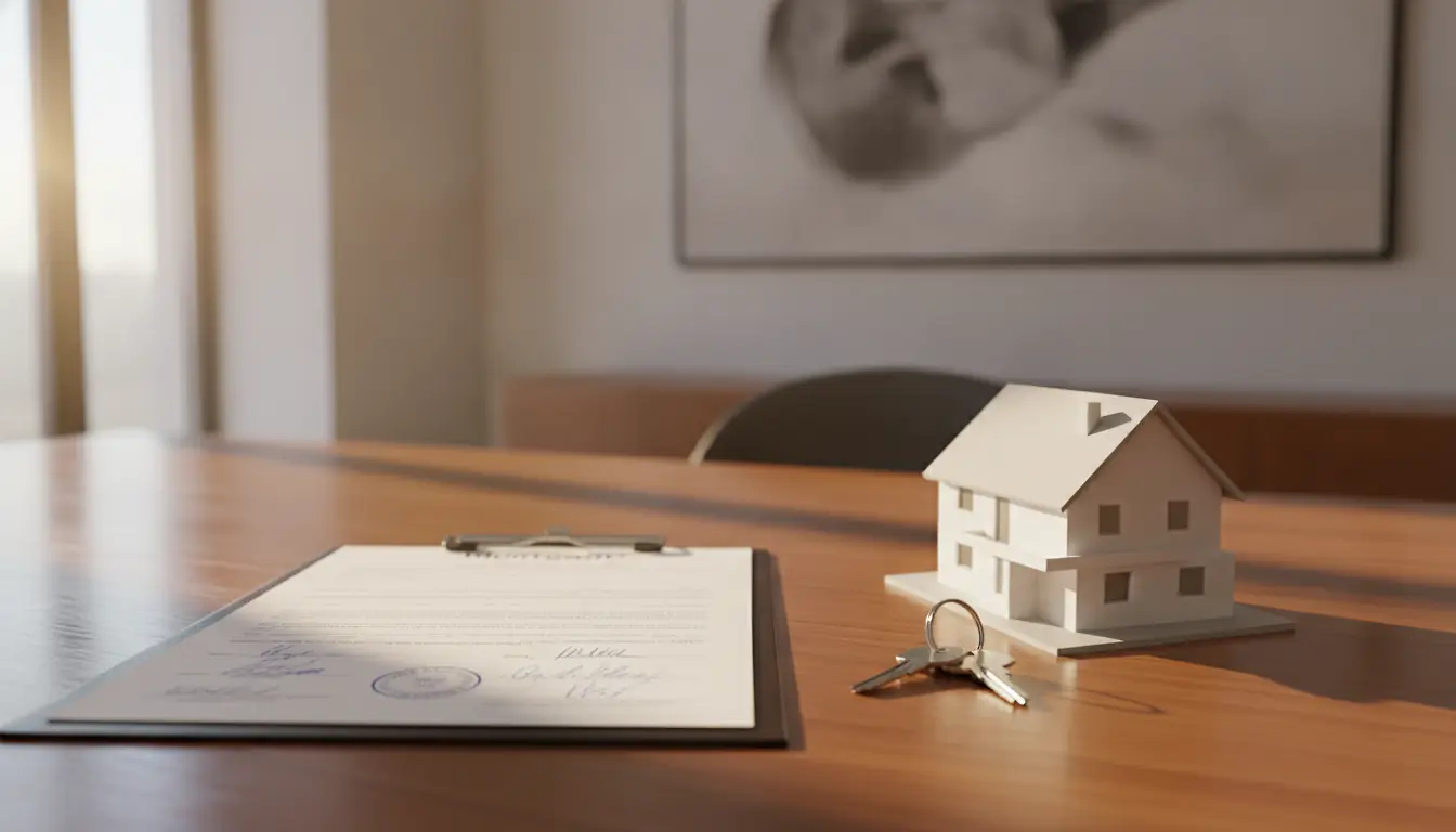 Acte hypothécaire signé chez un notaire avec clés de maison et document de prêt immobilier posés sur bureau