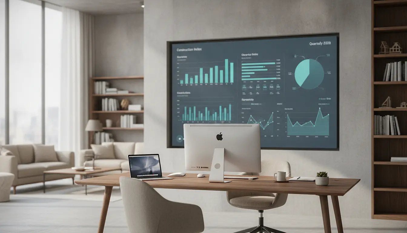 Bureau de gestion locative avec tableau de bord d'indices immobiliers et graphiques de révision de loyer