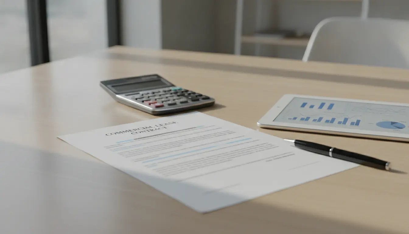 Contrat de bail commercial, calculatrice et graphiques d'indices financiers sur un bureau professionnel