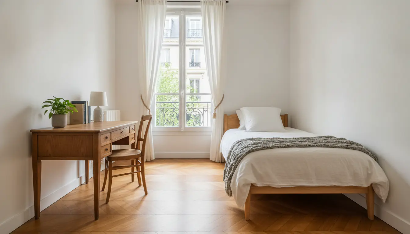 Chambre meublée lumineuse avec bureau en bois et parquet dans un appartement, prête à la location chez l'habitant