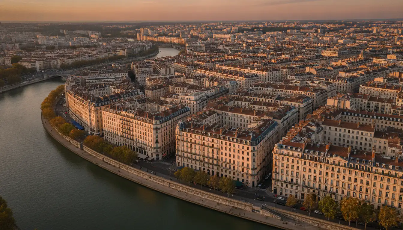 Vue aérienne de Lyon avec les quais de la Saône et les immeubles haussmanniens, marché immobilier résidentiel