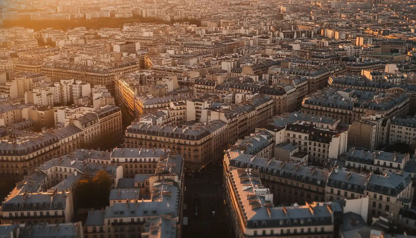 Vue aérienne de Paris au coucher du soleil, toits haussmanniens en zinc et immeubles de pierre calcaire dorée