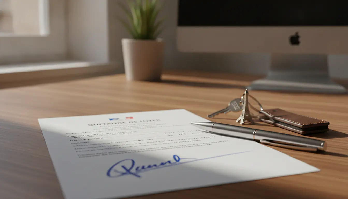 Quittance de loyer signée posée sur un bureau professionnel avec stylo et clés d'appartement