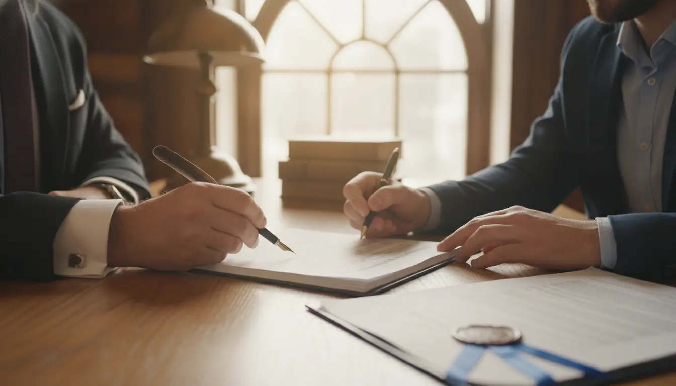 Notaire et acheteurs signant un compromis de vente, mains sur documents officiels, bureau professionnel