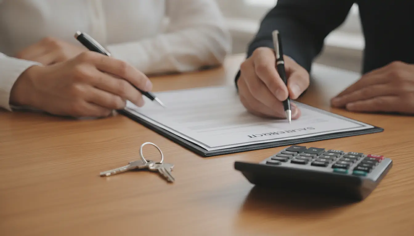 Couple signant un acte de vente chez le notaire, clés d'une maison et calculatrice posées sur le bureau en bois