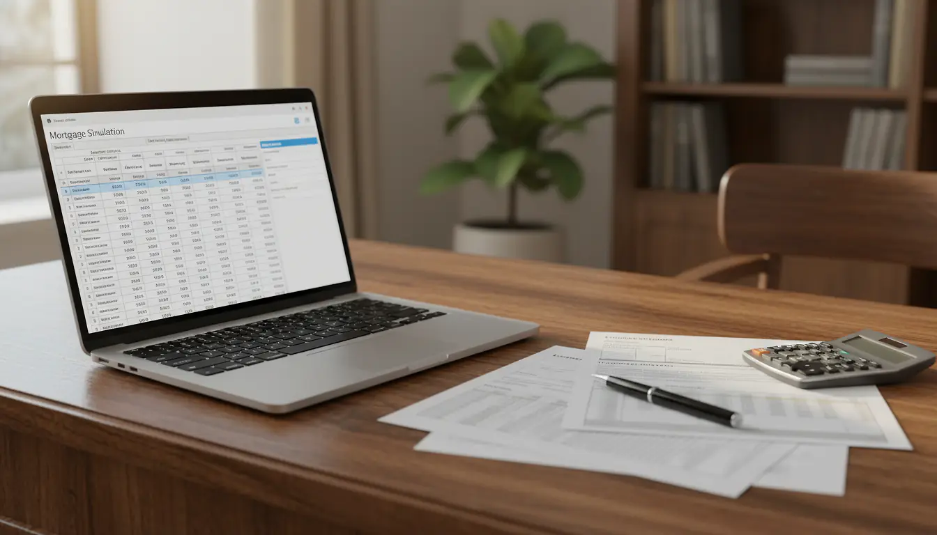 Calculatrice et documents de simulation de prêt immobilier sur un bureau, écran d'ordinateur affichant un tableau de mensualités et d'amortissement