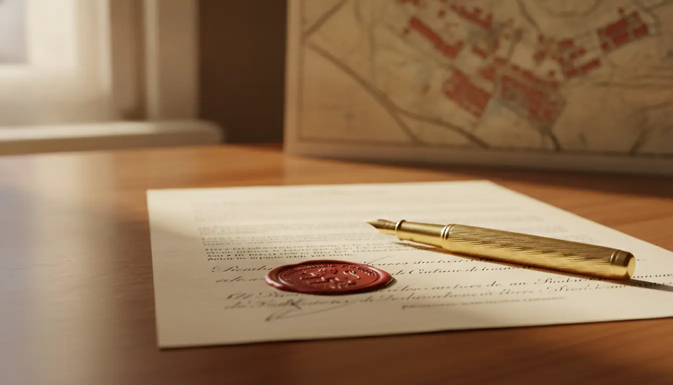 Titre de propriété immobilier posé sur bureau de notaire avec cachet officiel et stylo plume