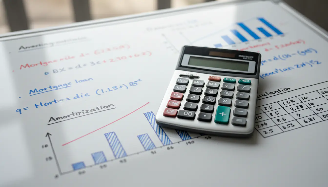 Calculatrice posée sur un tableau de simulation de prêt immobilier annoté