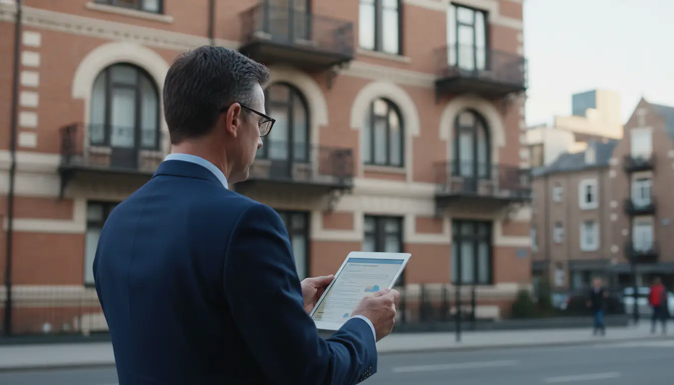 Bailleur consultant un avenant de révision de loyer devant un immeuble résidentiel