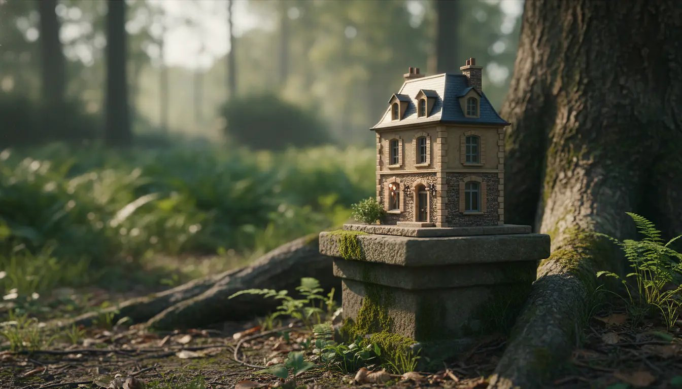 Maison miniature posée à côté d'une calculatrice et de pièces de monnaie empilées