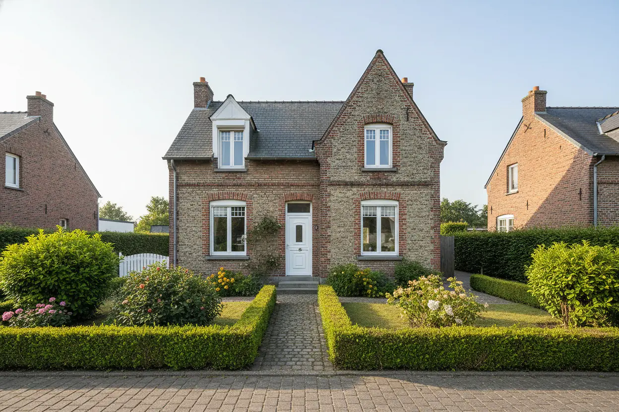 Panneau À vendre devant une maison en brique flamande à Dunkerque